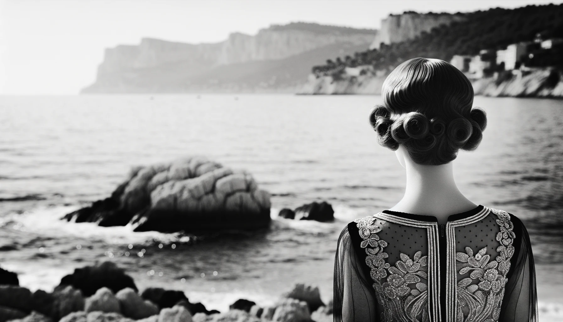 Femme qui regarde la mer de la côte d'azur en noir et blanc 1920