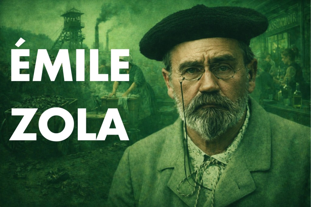 portrait d'Émile Zola avec germinal en arrière plan