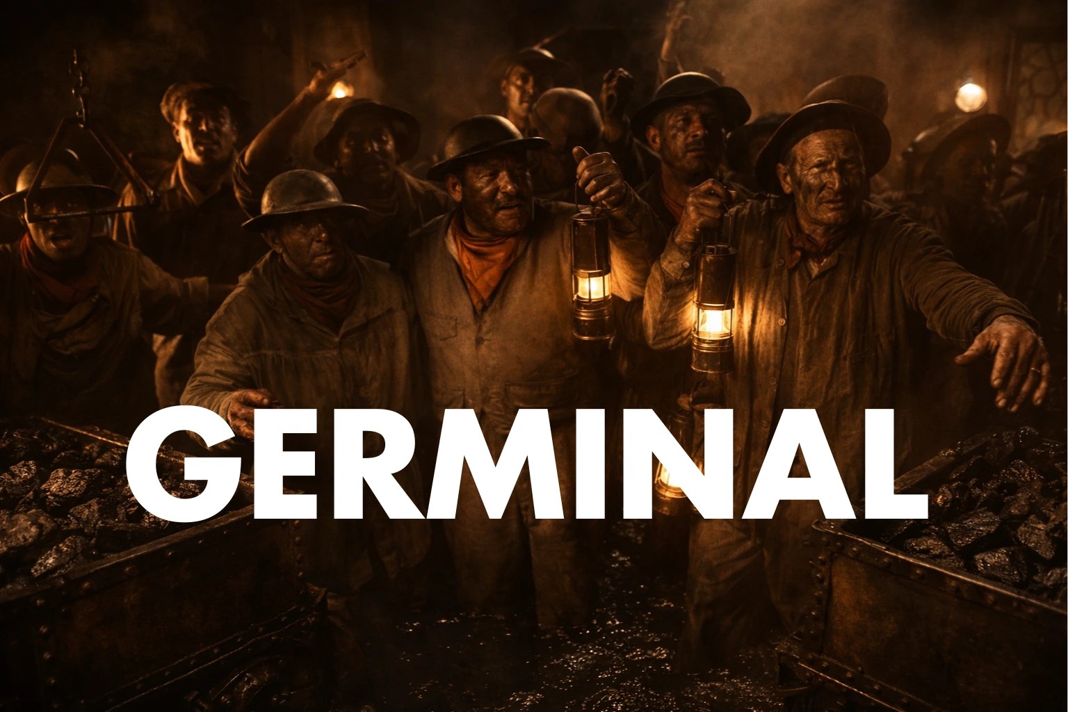 Photo de mineurs avec de la suie et le titre Germinal