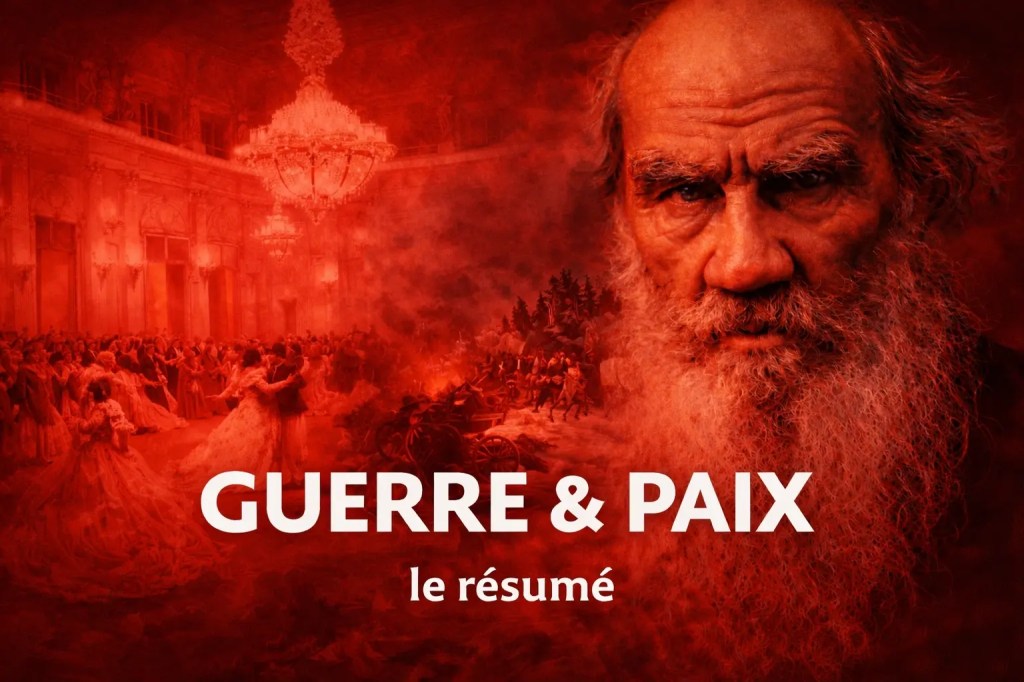 Image en rouge illustrant le résumé de guerre et paix