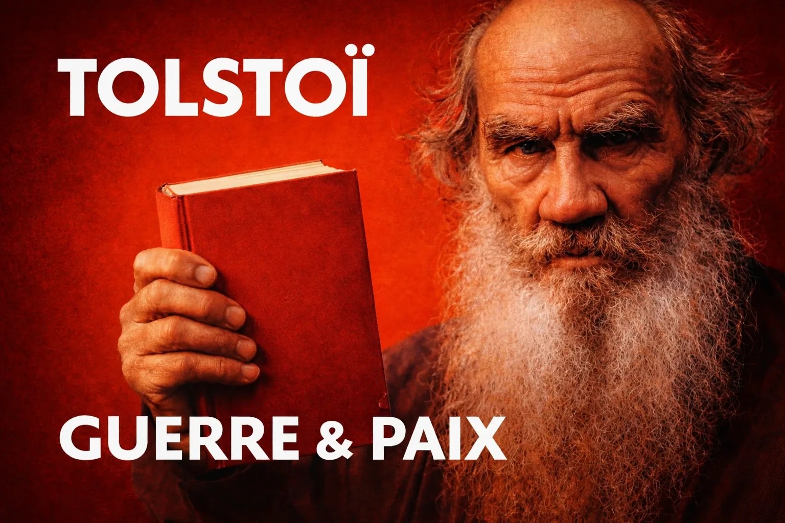 Tolstoï tenant un livre avec indiqué Guerre et paix dans des couleurs rouges