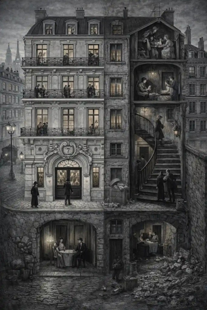 Dessin de l'immeuble rue Choiseul dans Pot-Bouille