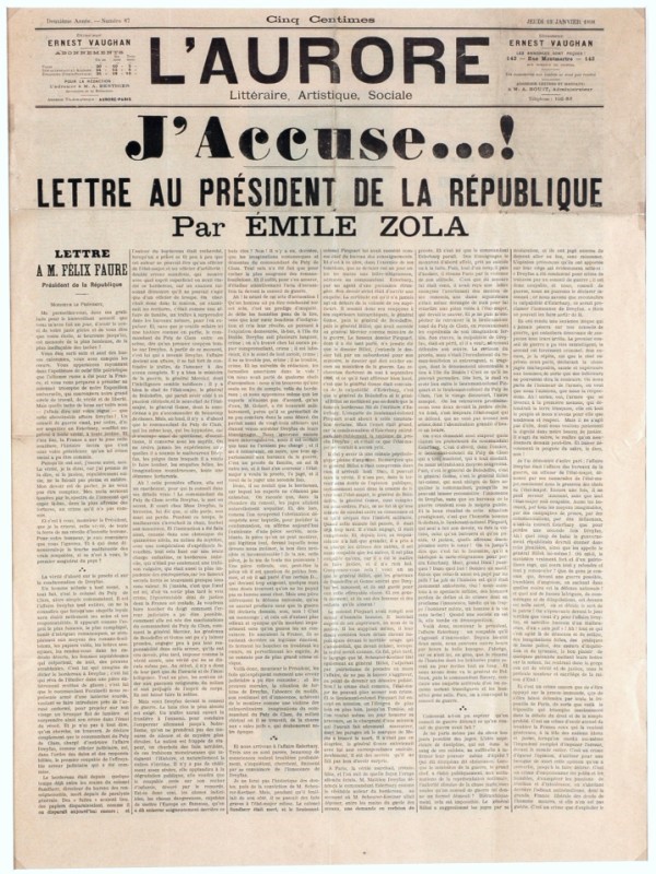 Lettre "J'accuse" publiée en 1888 danas le journal L'Aurore