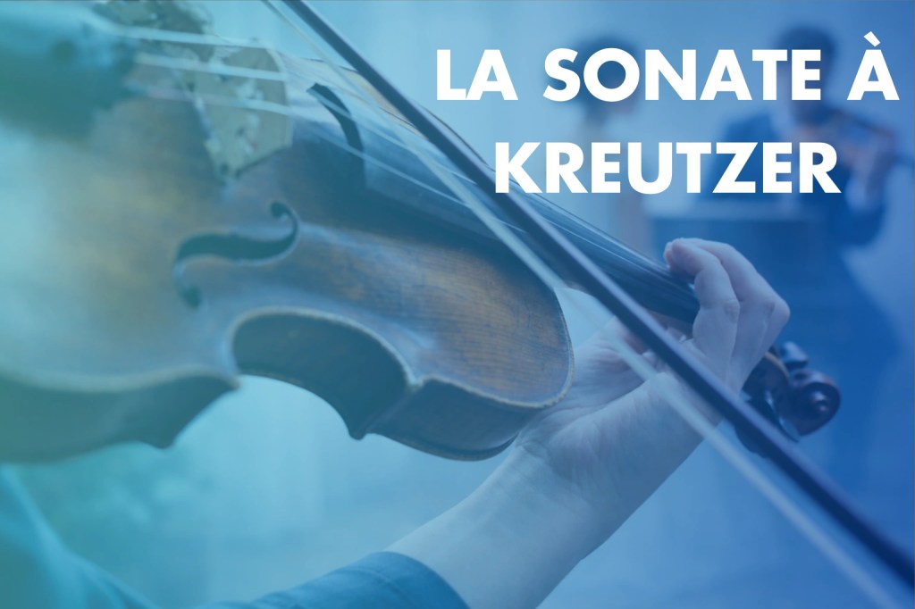 Photo montrant un violon avec une scène de la sonate à Kreutzer en arrière-plan
