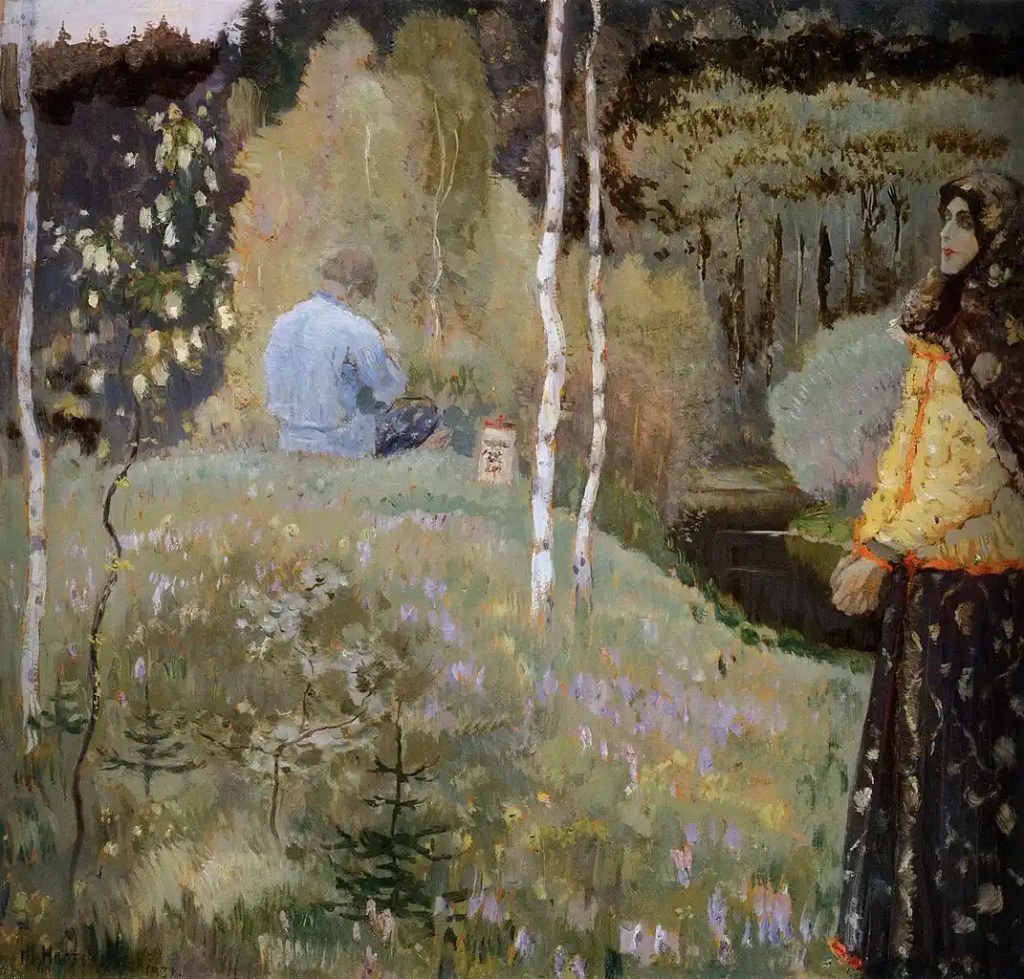 Un homme dans la campagne russe du 19ème siècle avec une femme à droite comme Lévine et Kitty