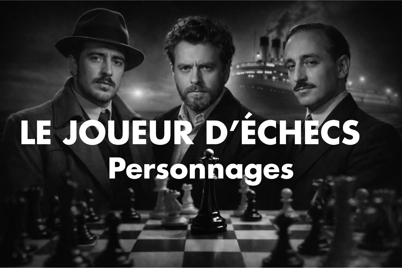 Les 3 personnages principaux de la nouvelle le joueur d'échecs sur fond noir
