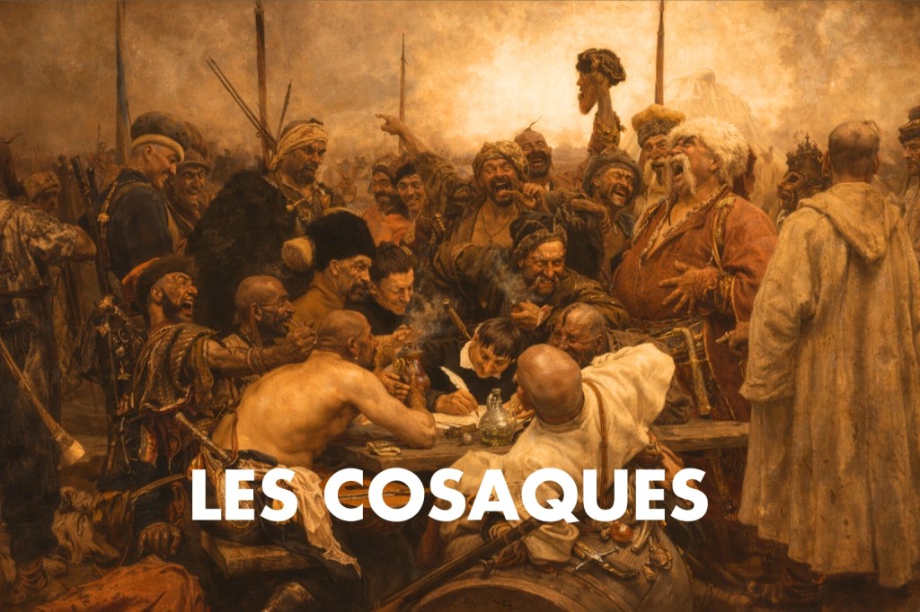 Scène des cosaques de Tolstoï. Ils sont réunis autour d'une table