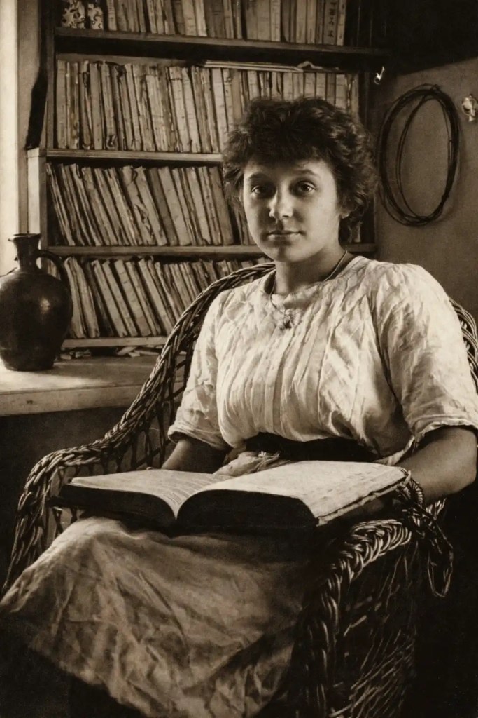 Représentation de Marina Tsvtaeva en 1911 entrain de lire