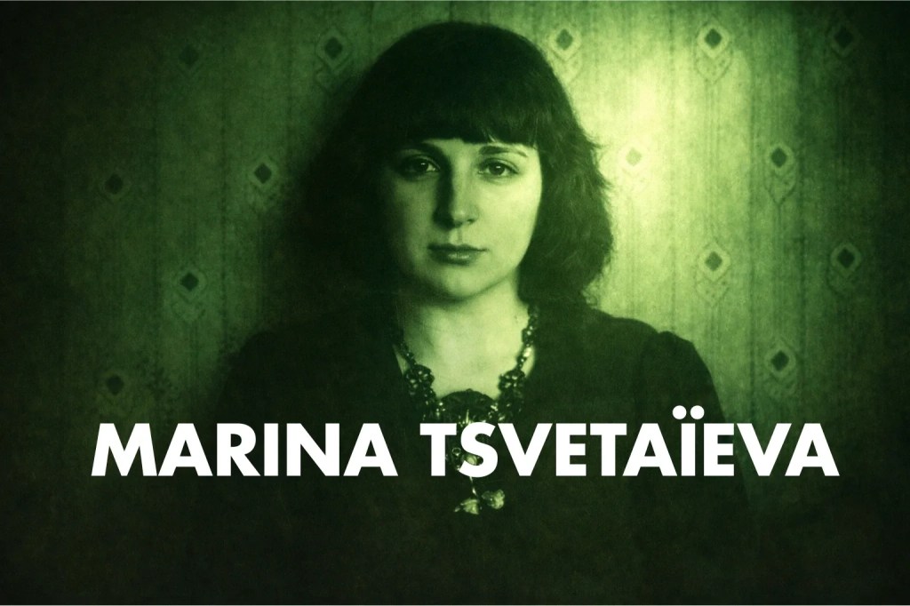 Photo de Marina Tsvetaïeva avec fond vert et titre