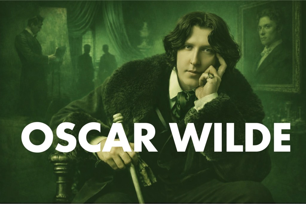 Représentation d'Oscar Wilde sur fond vert avec des scènes de son roman