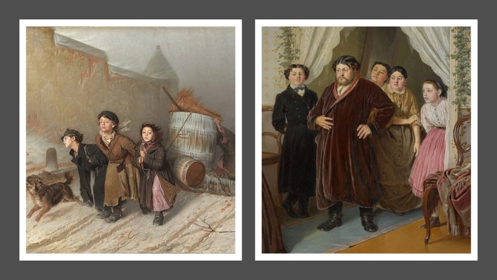 à gauche des enfants tirant une charrette et droite des personnes de la Russie impériale du 19ème siècle