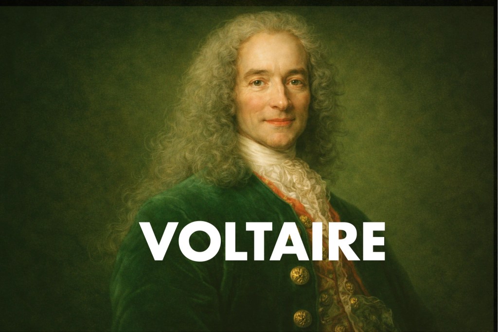 Portrait de Voltaire avec un fond vert et une écriture