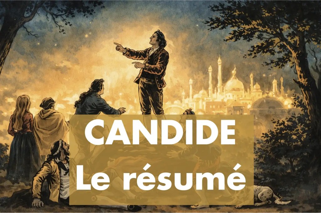 dessin de Candide sur une butte avec l'Eldorado derrière lui