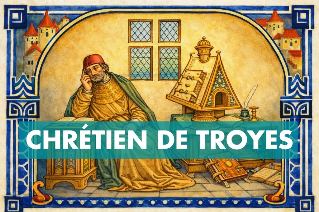 Enluminure médiévale du XVIᵉ siècle représentant Chrétien de Troyes assis dans son étude, pensif, vêtu d’une robe dorée et d’un manteau vert, entouré de quelques livres et d’un pupitre, dans un intérieur épuré aux tons bleu et or, encadré d’un décor géométrique inspiré des manuscrits enluminés.