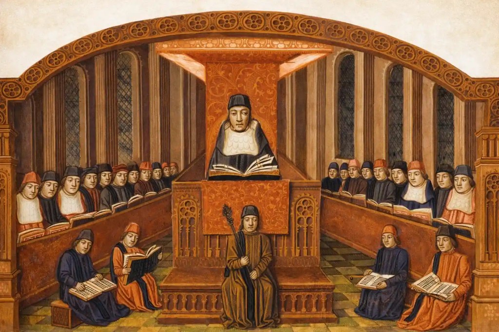 Scène d’enseignement médiéval représentant un maître lisant devant des clercs, illustrant la transmission du savoir et le contexte intellectuel de l’œuvre de Chrétien de Troyes au XIIᵉ siècle