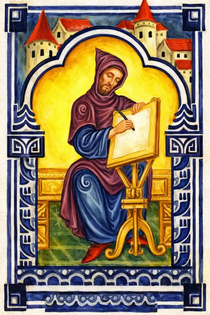 Illustration médiévale représentant un clerc écrivant un manuscrit, symbolisant la naissance du roman médiéval et l’œuvre de Chrétien de Troyes au XIIᵉ siècle