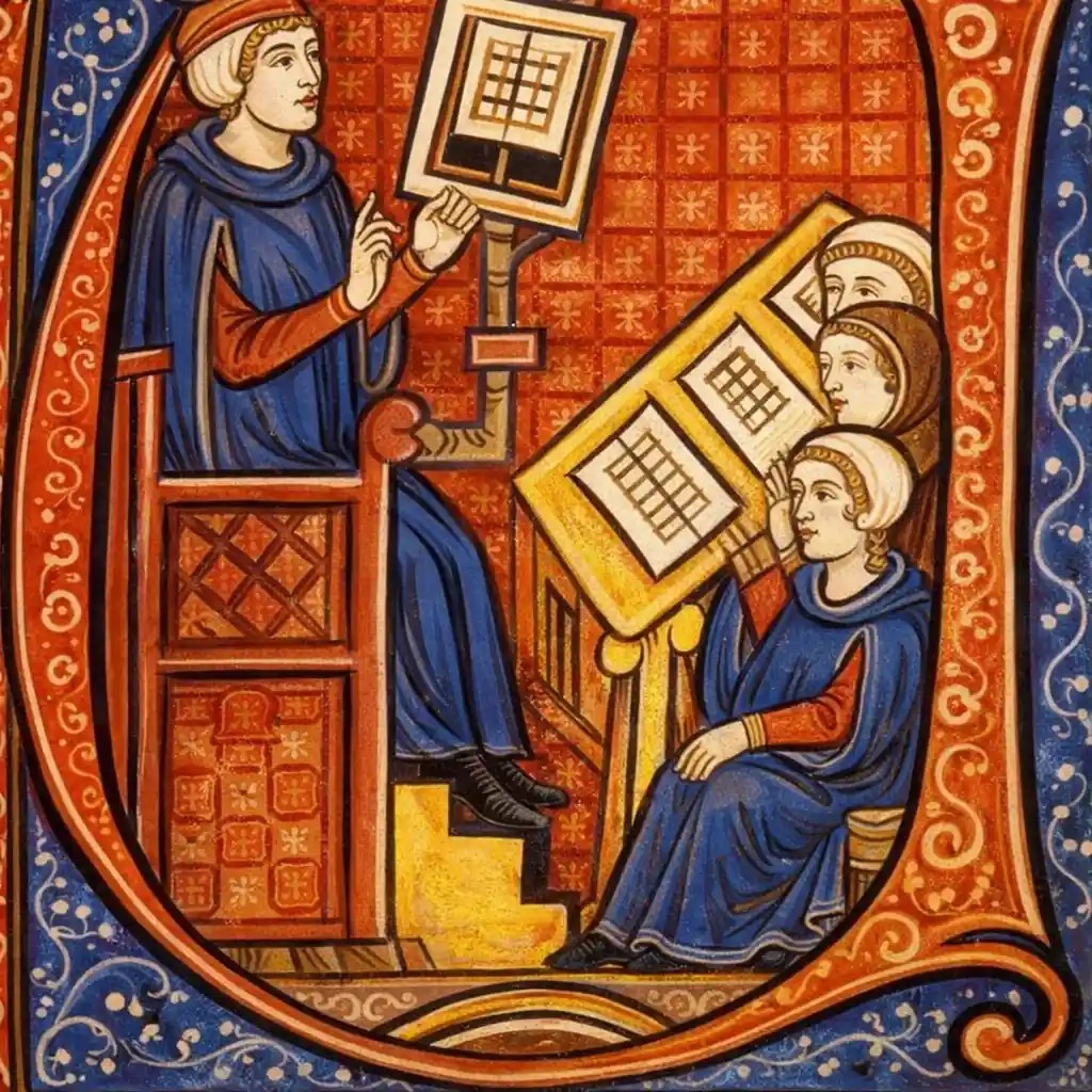 Enluminure médiévale représentant un cours de théologie avec maître et étudiants, illustrant la formation intellectuelle et le contexte savant du Moyen Âge lié à l’œuvre de Chrétien de Troyes