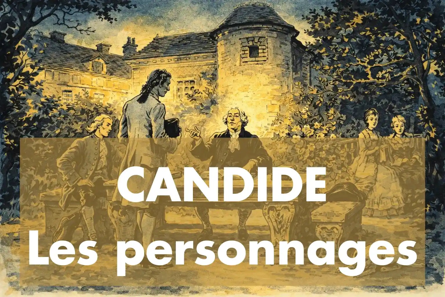 dessin des personnages de Candide ou l'optimisme avec une belle lumière jaune