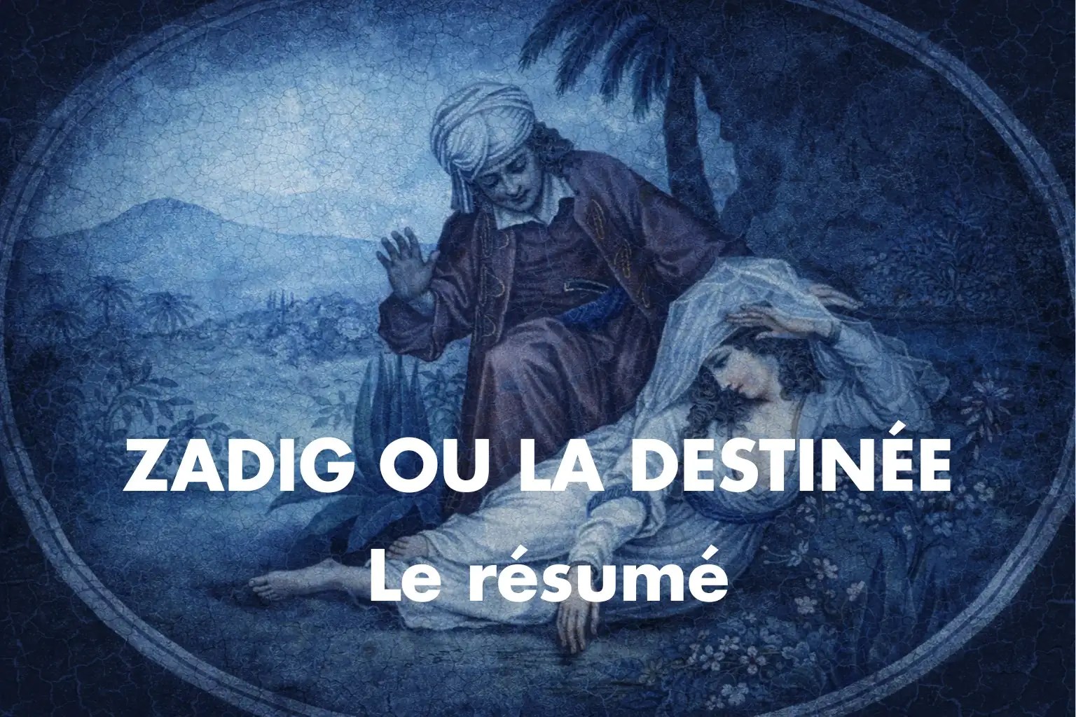 Peinture orientale du XVIIIᵉ siècle montrant un homme vêtu d’une tunique rouge et d’un turban penché vers une jeune femme allongée dans un paysage exotique, sous une lumière bleutée, avec effet de craquelures anciennes sur la toile.